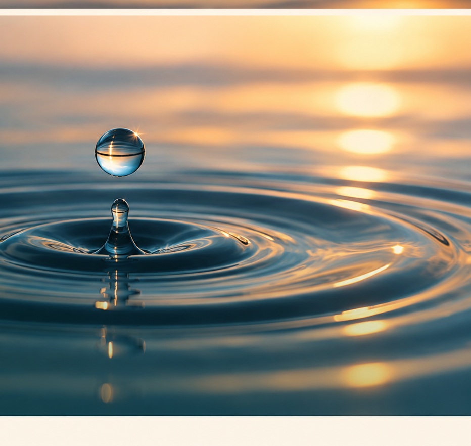 Water drop creating concentric ripples at golden hour